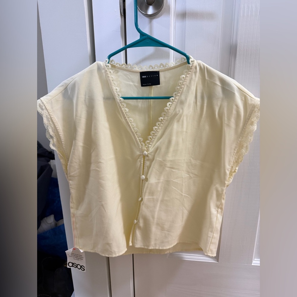 ASOS Light Yellow Button-Down Top with Lace Edges